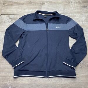 BOSS Tracksuit Jacket Mens XL Navy Blue Cotton Blend Full Zip Sweatshirt Logo